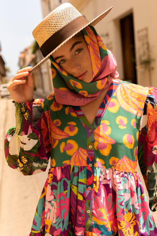 Calle de la Sirena MOKANÁ: Long bohemian patchwork dress handcrafted in Colombia with flowy, breathable fabric.